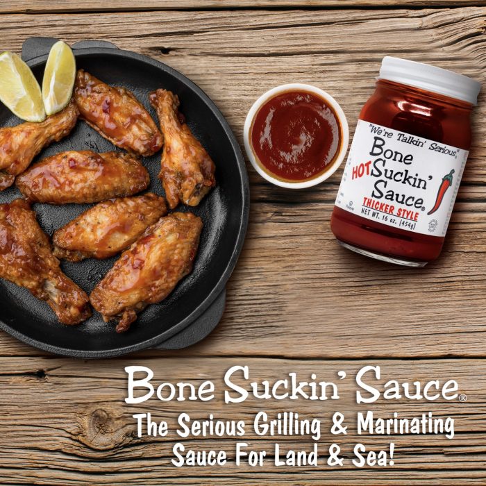 Bone Suckin' Sauce® Hot Thicker Style BBQ Sauce - 16 oz in Glass Bottle, Hot Thick Barbecue Sauce For Ribs, Chicken, Pork, Fish, Beef - Gluten-Free, Non-GMO, Kosher, Sweetened with Honey & Molasses