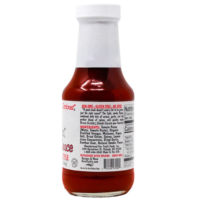 Bone Suckin'® Steak Sauce, Chophouse Style, 11.75 oz. Label, Ingredients - Bone Suckin' Steak Sauce, 11.75 oz Glass Bottle, For Steaks, Burgers, Meatloaf, Pork Chops & Chicken - Tangy, Savory, Light Smoke Flavor With Bits Of Onion & Garlic - Gluten Free, Non-GMO, Kosher, Side panel with ingredients.