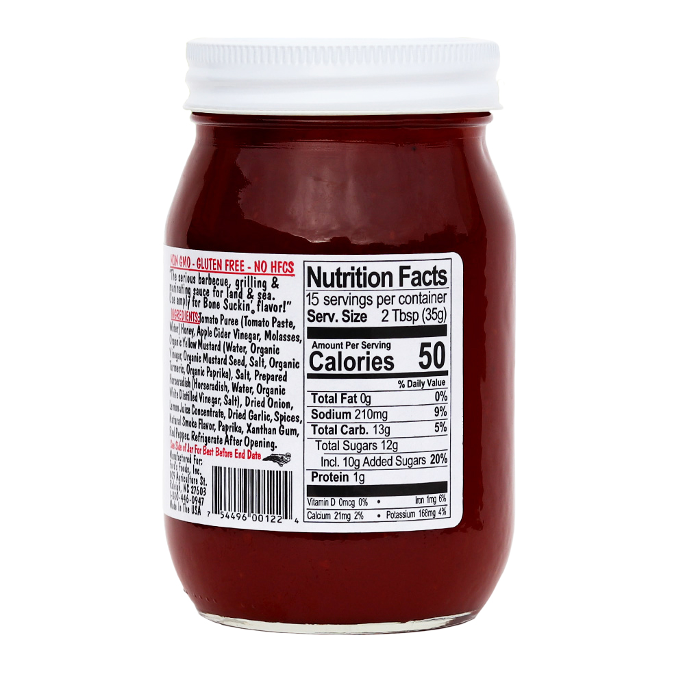 Bone Suckin' Sauce, 18 oz. jar, nutrition panel