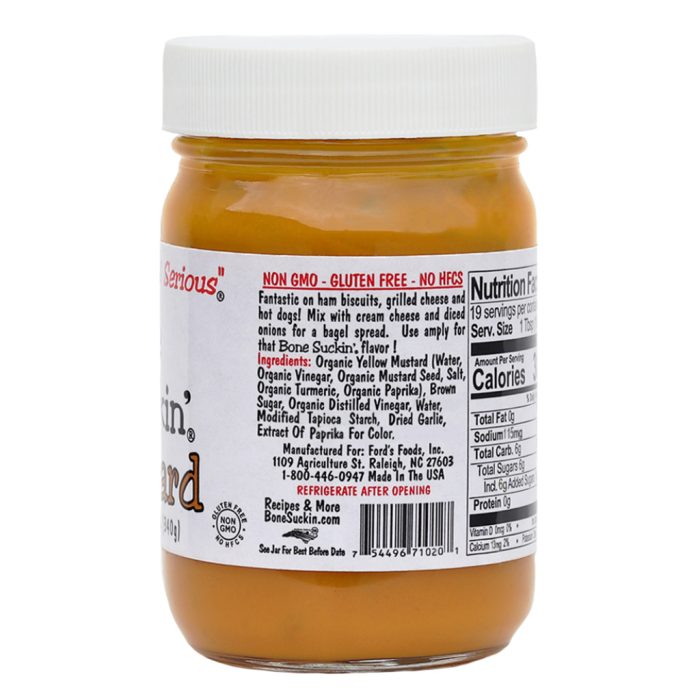 Bone Suckin'® Mustard 12 oz, Ingredients - Bone Suckin' Mustard, 12 oz in Glass Bottle - Gourmet Mustard, Sweet & Tangy With Creamy Texture, Gluten-Free, Non-GMO, No HFCS, Kosher, Perfect for Hot Dogs, Brats, Sandwiches, Cheese, Seafood