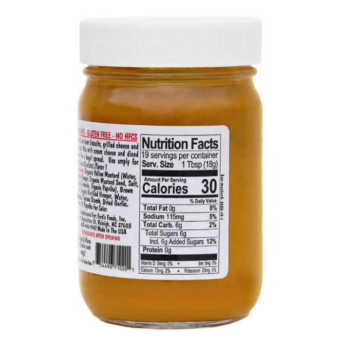 Bone Suckin'® Mustard, Nutrition Panel - Bone Suckin' Mustard, 12 oz in Glass Bottle - Gourmet Mustard, Sweet & Tangy With Creamy Texture, Gluten-Free, Non-GMO, No HFCS, Kosher, Perfect for Hot Dogs, Brats, Sandwiches, Cheese, Seafood
