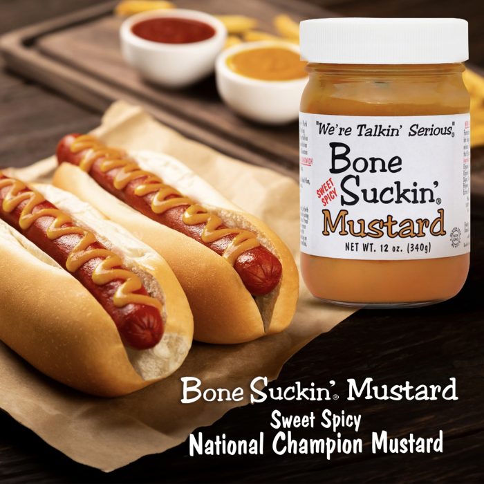 Bone Suckin'® Sweet Spicy Mustard 12 oz., Wins The National Championship! is the perfect blend of Brown Sugar, Molasses, & Jalapeno subtle heat. This medium heat mustard is perfect for grilling, dipping, and even with a spoon. Fantastic on ham biscuits, grilled cheese & dogs! Mix with cream cheese & diced onions for bagel spread. 1st Place Winner - Great American Barbecue Contest Kansas City!