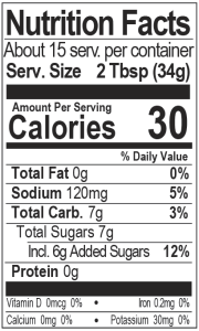 Spicy Sweet Southern 23-1 Nutrition Panel - About 15 Servings per container. Serving Size: 2 Tbsp. (34g). Calories: 30. Total Fat: 0g 0%. Sodium: 120 mg 5%. Total Carb.: 7g 3 %. Total Sugars 7g, Including 6g of Added Sugars 12 %. Protein 0g. Vitamin D 0mcg 0%. Iron 0.2mg 0%. Calcium 0mg 0%. Potassium 30mg 0%. 