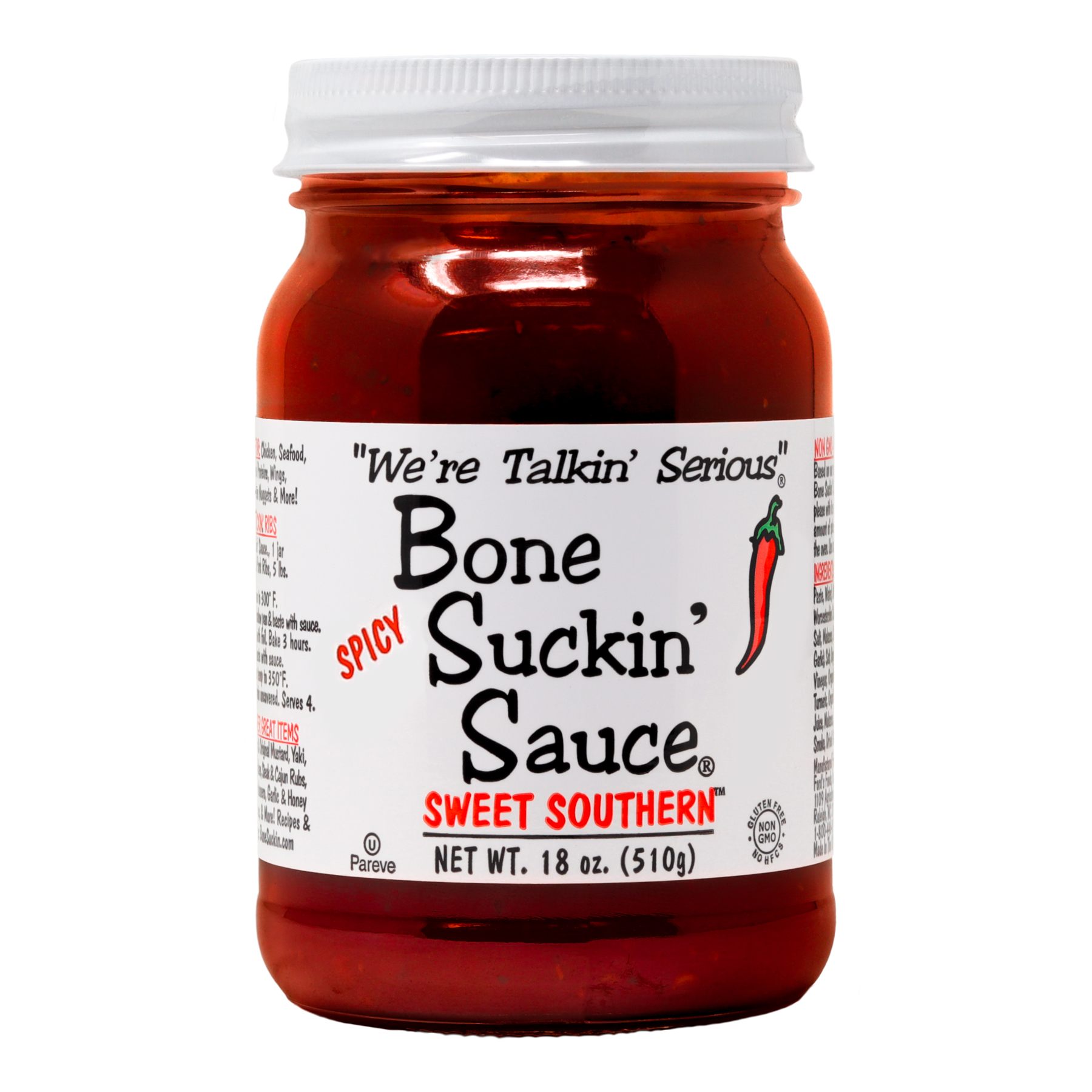 Spicy Sweet Southern Bone Suckin' Sauce, 18 oz. Glass Bottle Bone Suckin' Sauce Sweet Southern Spicy BBQ Sauce - 18 oz in Glass Bottle, For Ribs, Chicken, Pork, Beef - Gluten-Free, Non-GMO, Kosher, Spicy Barbecue Sauce Sweetened with Cane Sugar & Molasses, 1 Pc