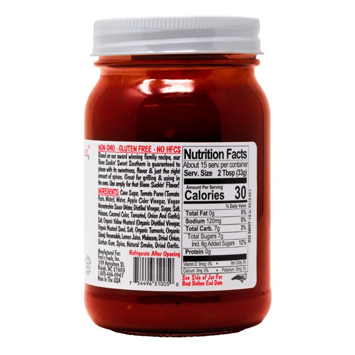 Bone Suckin' Sauce Sweet Southern Sauce jar. Nutrition Panel label. 18 oz.