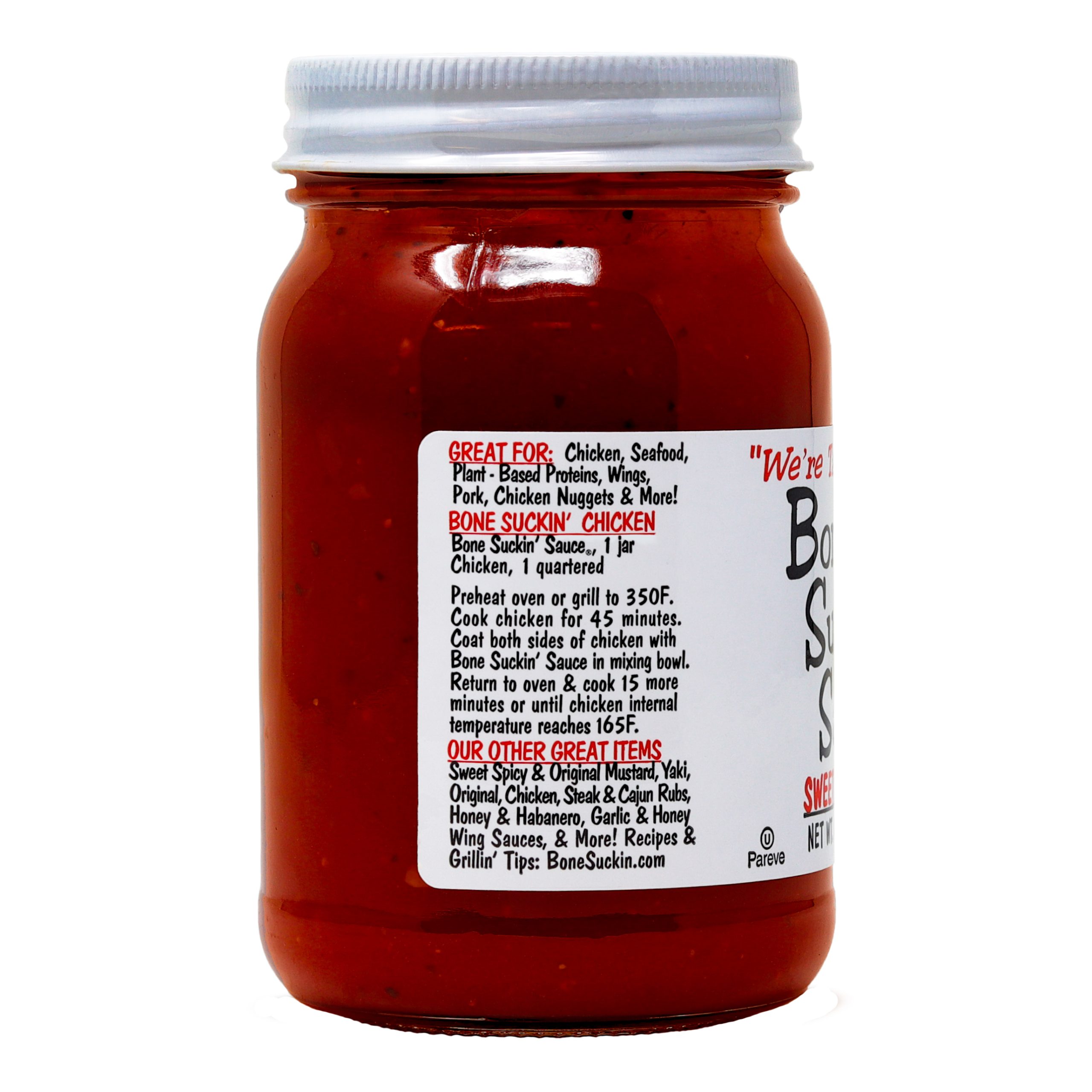 Bone Suckin' Sweet Southern Sauce jar. Recipe side of label. 18 oz.