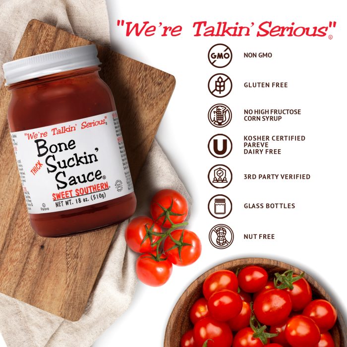 Bone Suckin' Sauce® Sweet Southern® Thick BBQ Sauce, 18 oz Glass Bottle, For Ribs, Chicken, Pork, Beef - Gluten-Free, Non-GMO, Kosher, Thick Barbecue Sauce Sweetened with Cane Sugar & Molasses.
