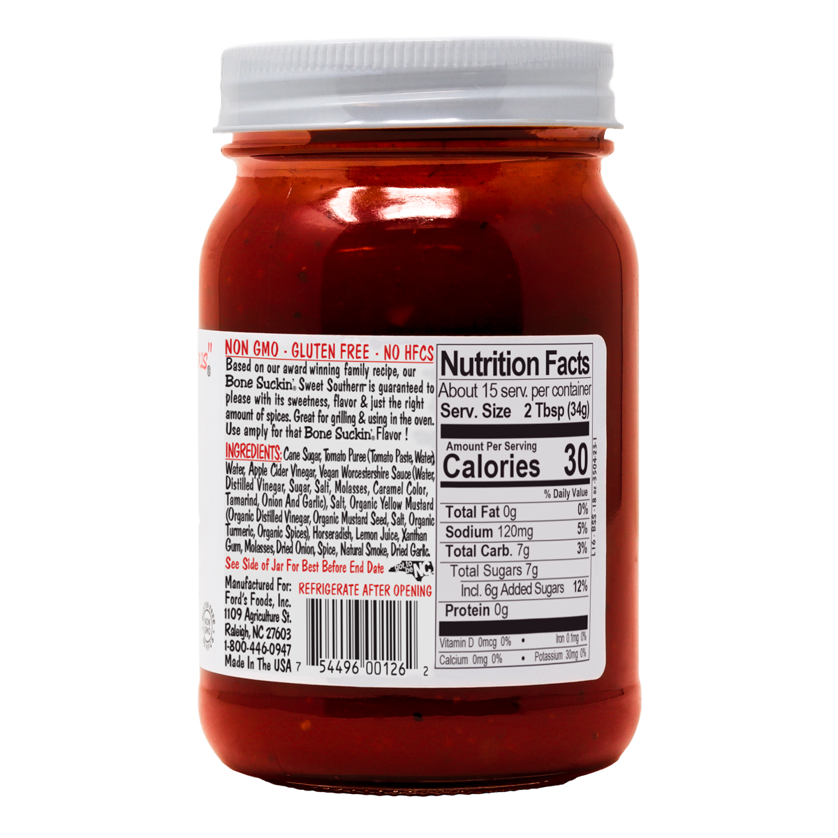 Bone Suckin' Sauce Thick Sweet Southern Sauce jar. Nutrition Panel label. 18 oz.