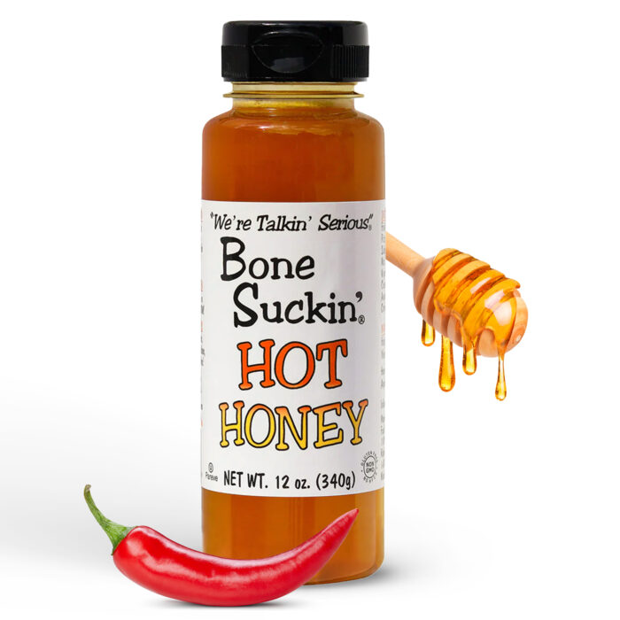 Bone Suckin' Hot Honey 12 oz. with honey wand and peppers