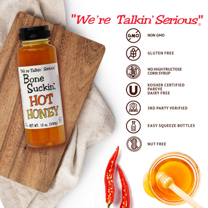 Bone Suckin' Hot Honey - Non GMO, Gluten Free, No High Fructose Corn Syrup, Kosher Certified, Pareve, Dairy Free, 3rd Party Verified, Easy Squeeze Bottles, Nut Free