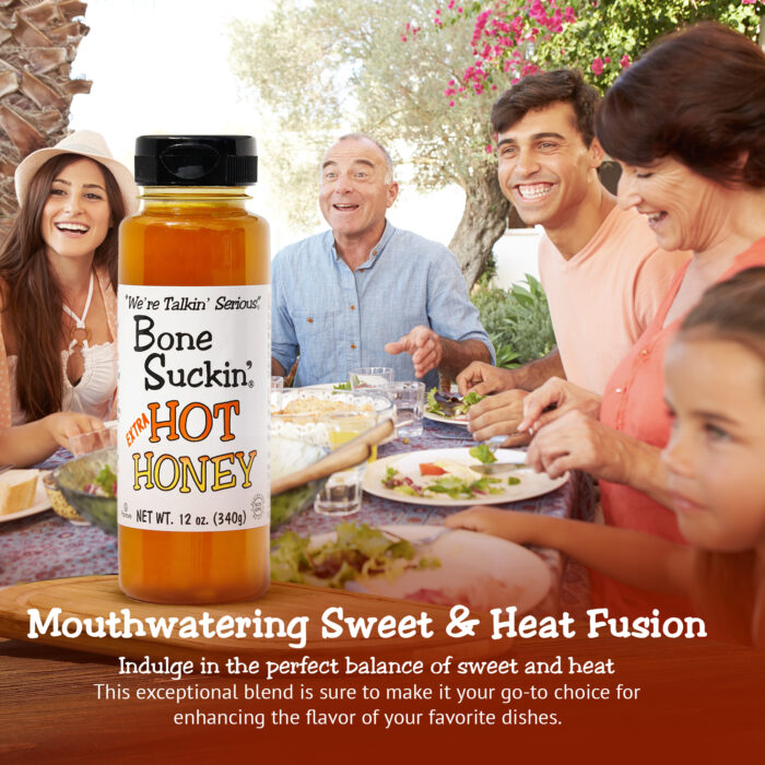 Bone Suckin' Extra Hot Honey - Mouthwatering sweet and heat infusion. Indulge in the perfect balance of Sweet and heat. This exceptional blend is sure to make it your go-to choice for enhancing the flavor of your favorite dishes.