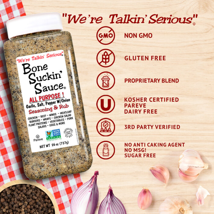 Bone Suckin' All Purpose! Seasoning & Rub 26 oz.- Non GMO, Gluten Free, Proprietary Blend, Kosher Certified Pareve, Dairy Free, 3rd Party Verified, No Anti-Caking Agent, No MSG, Sugar Free